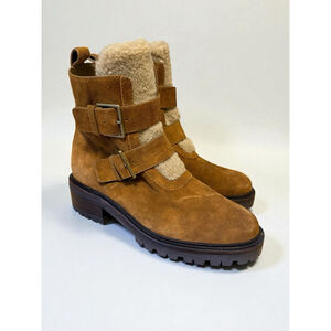 PAIGE Bridget Shearling Lined combat Boots Caramel Brown Suede Leather Size 9